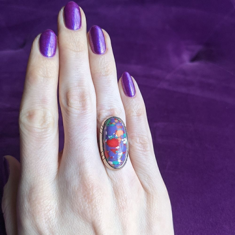 vintage mosaic jasper in silver cocktail ring - Picture 2 of 4